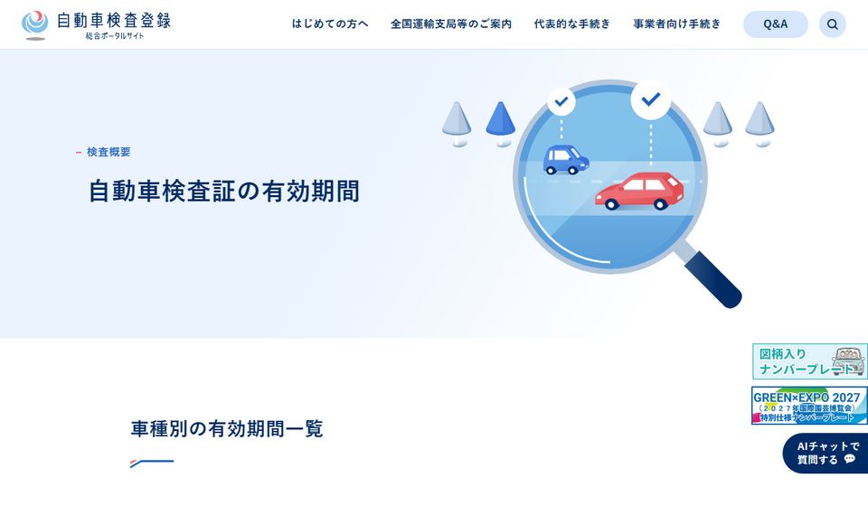 国土交通省 自動車検査登録総合ポータルサイト「自動車検査証の有効期間」のページ