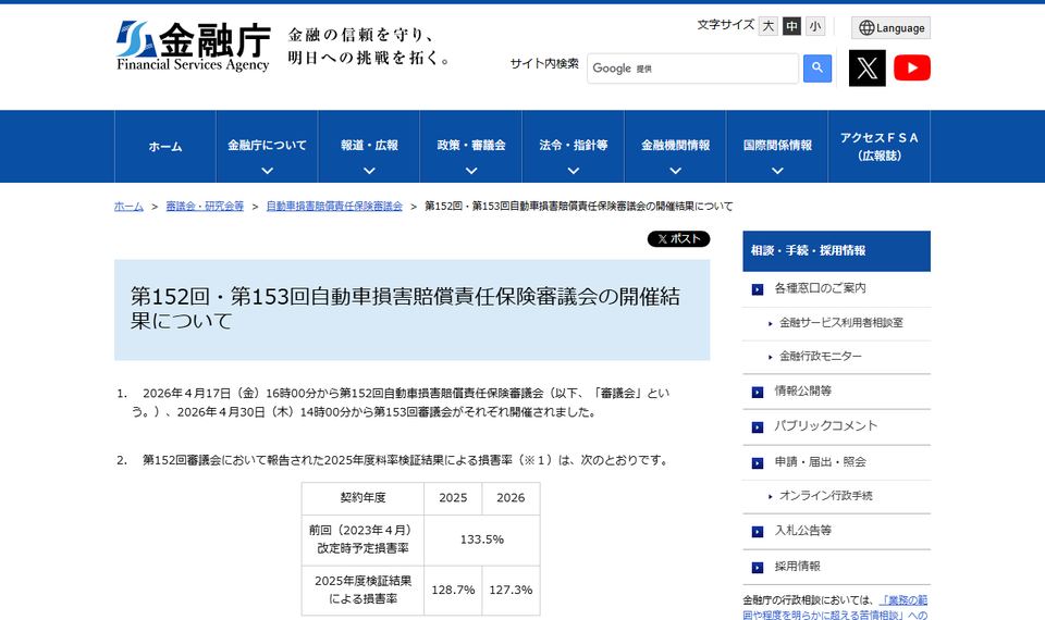 金融庁「第152回・第153回自動車損害賠償責任保険審議会の開催結果について」のページ