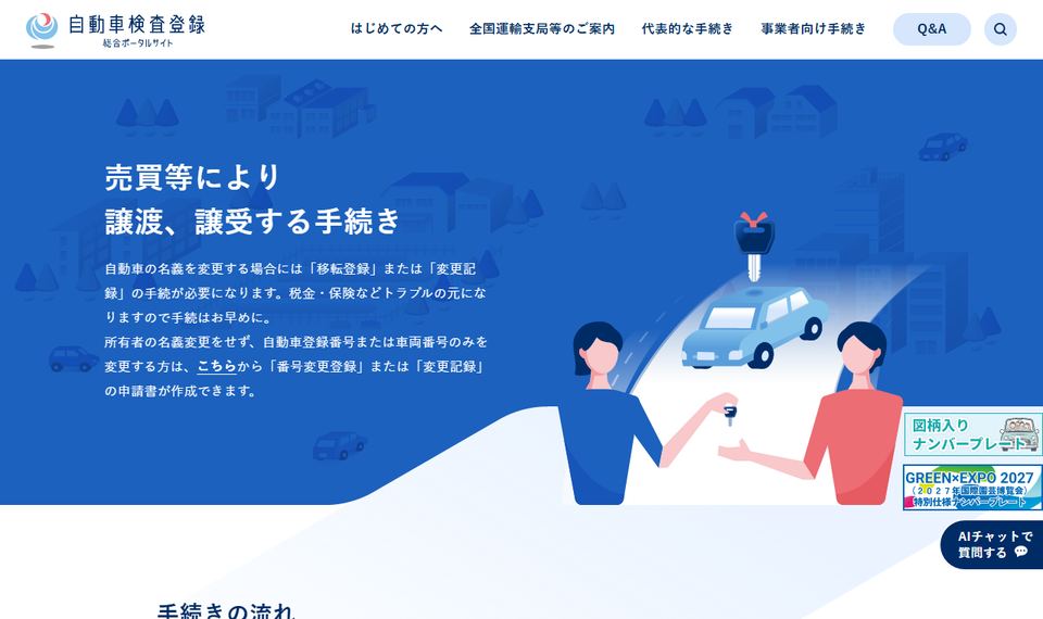 国土交通省 自動車検査登録総合ポータルサイト「車を売買等により名義変更するためには」のページ