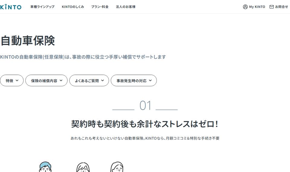 KINTOの「自動車保険」のページ。月額利用料に含まれる自動車保険の補償内容が示されている