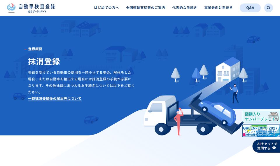 国土交通省 自動車検査登録総合ポータルサイトの「抹消登録」ページの上部。一時抹消登録・輸出抹消仮登録・永久抹消登録が並んでいる