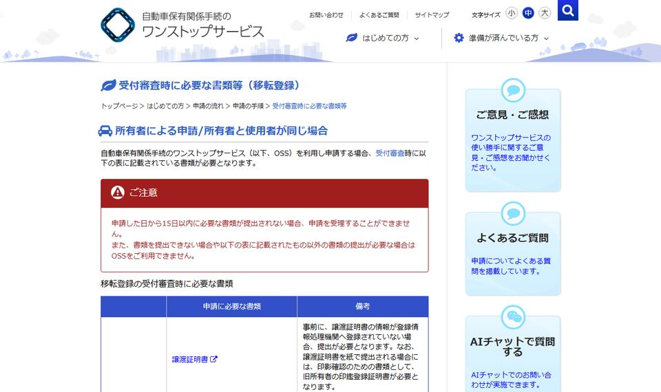 国土交通省 自動車保有関係手続のワンストップサービスの「受付審査時に必要な書類（移転登録）」ページの上部
