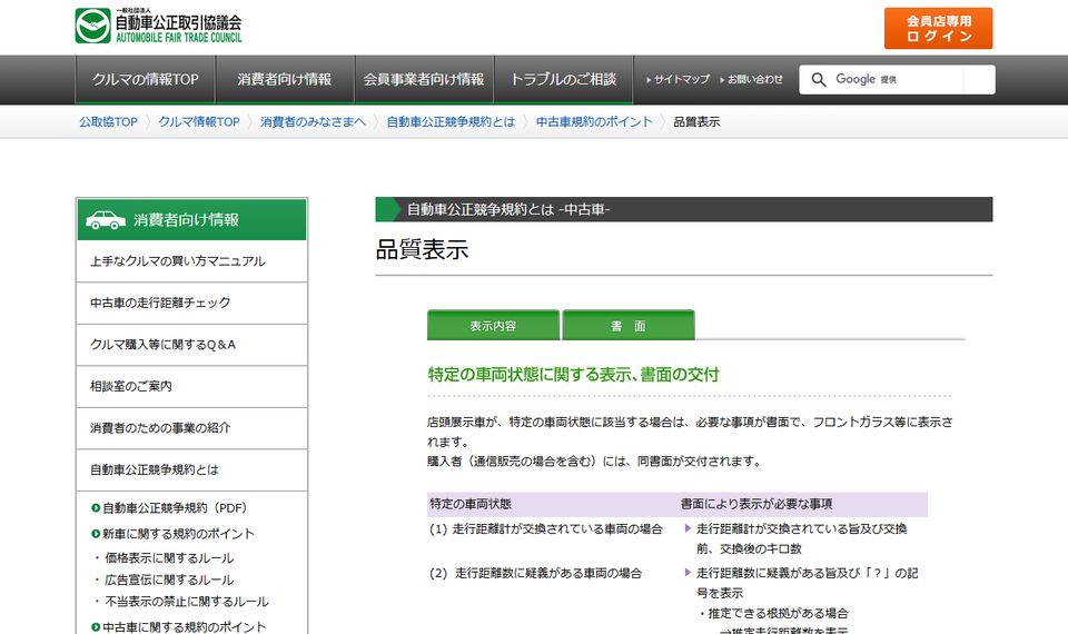 自動車公正取引協議会「品質表示に関するルール」のページ上部。走行距離計交換車や走行距離疑義車などの表示区分が並んでいる