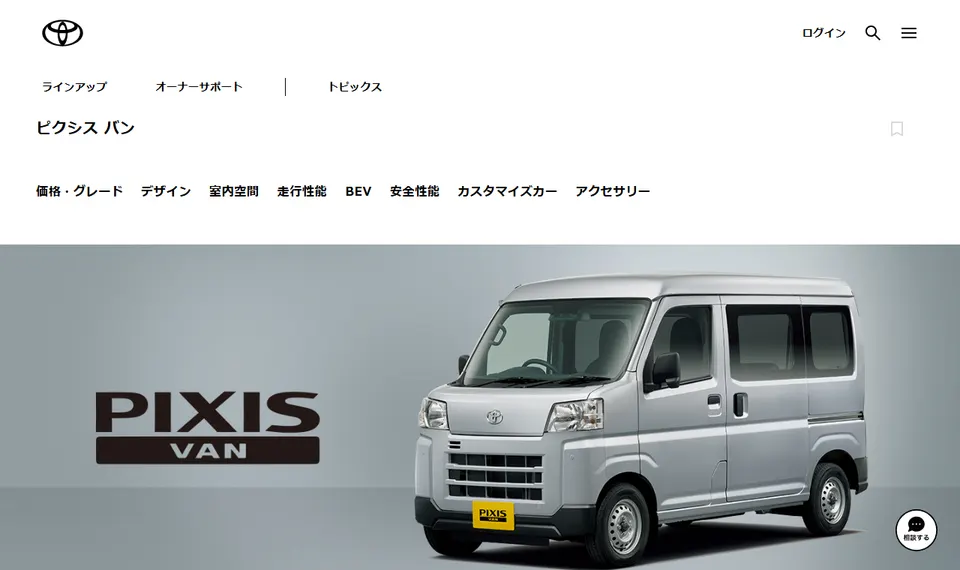 トヨタ公式サイトに掲載されたピクシス バンのファーストビュー