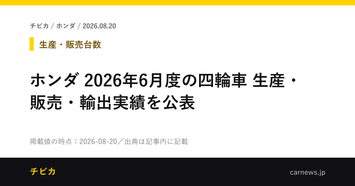 ホンダ 2026年6月度の四輪車 生産・販売・輸出実績を公表 - チビカのニュースカード