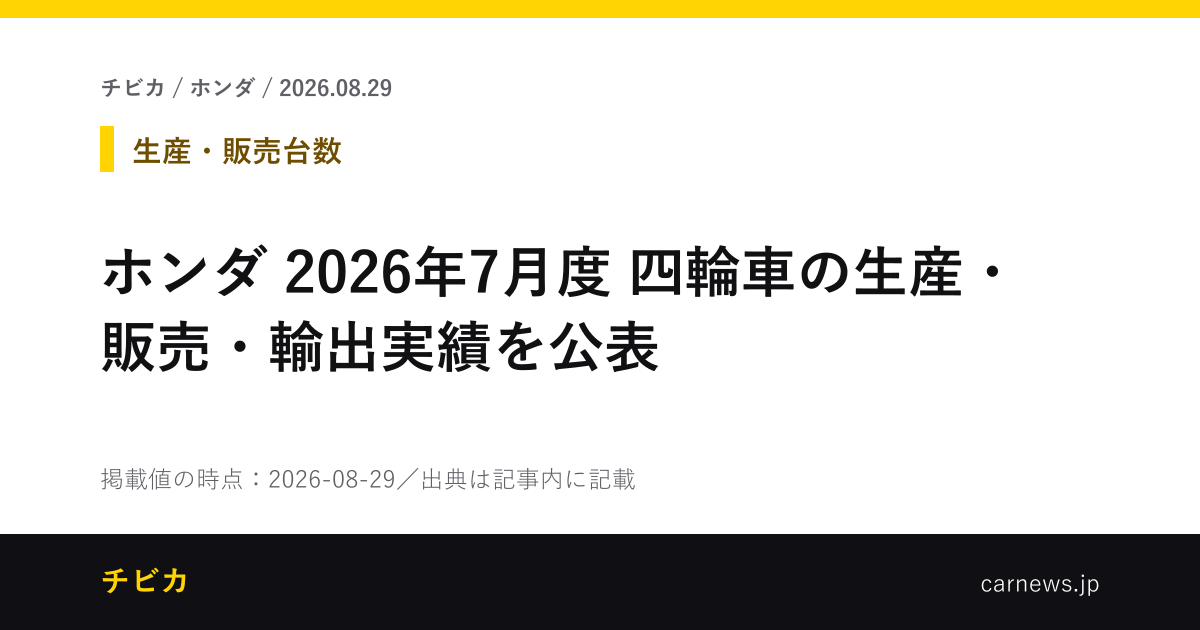 ホンダ 2026年7月度 四輪車の生産・販売・輸出実績を公表 - チビカのニュースカード