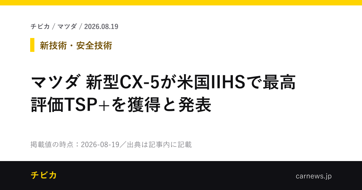 マツダ 新型CX-5が米国IIHSで最高評価TSP+を獲得と発表 - チビカのニュースカード